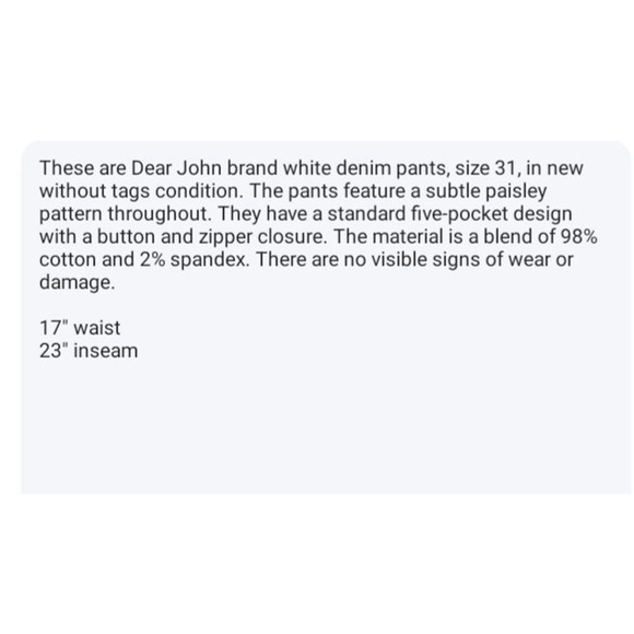 Dear John White Paisley Jeans Size 31 - Picture 12 of 12
